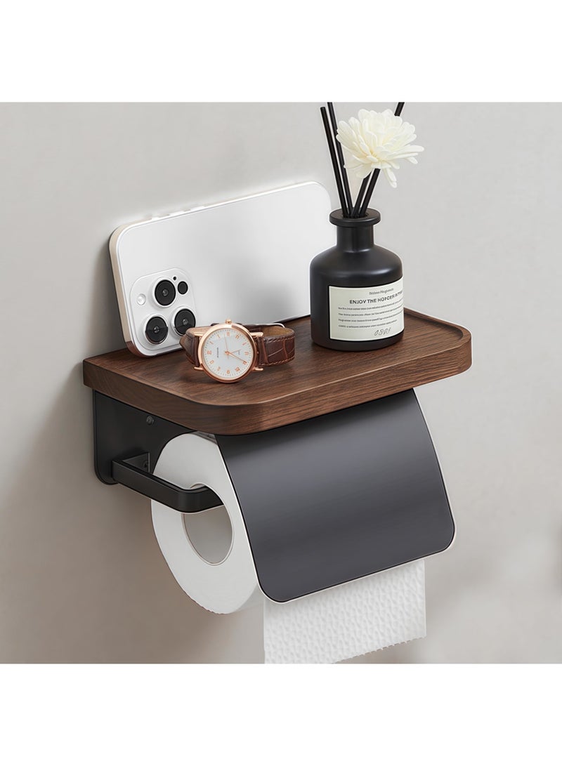 SYOSI Toilet Paper Holder with Shelf – Walnut Wood Wall Mount Toilet Tissue Roll Holder, Black Stainless Steel Bathroom Storage Accessories, Rustic Farmhouse Decor - Image 1