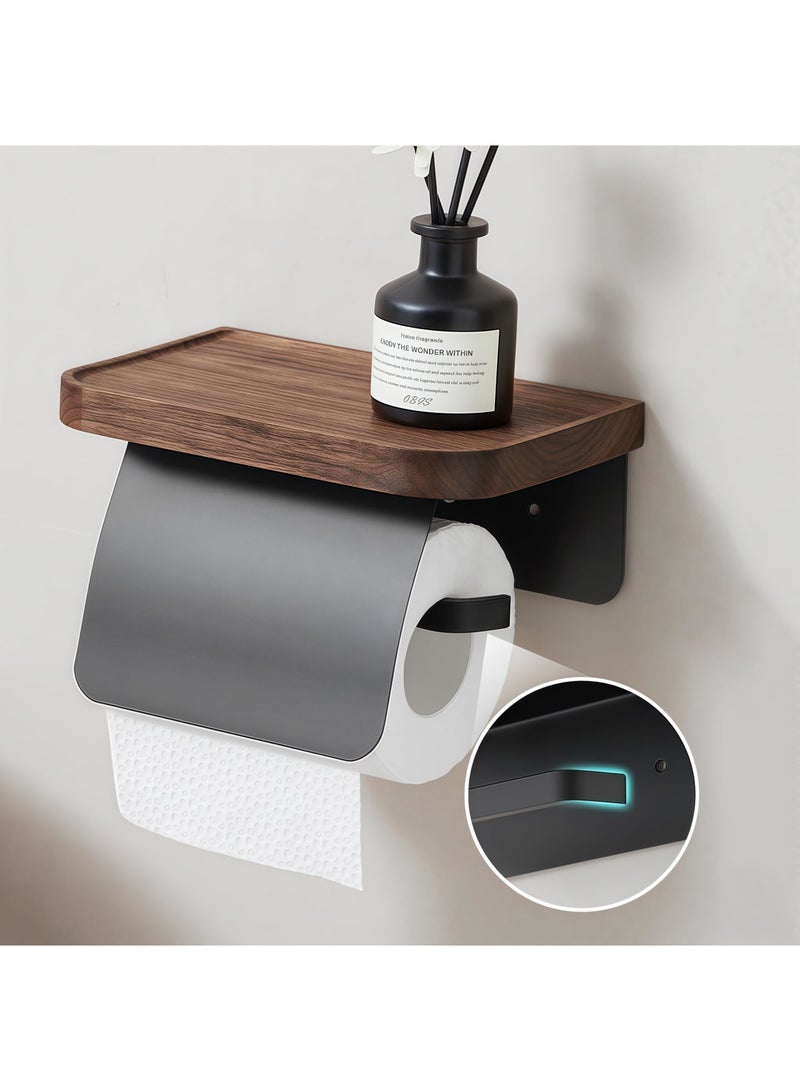SYOSI Toilet Paper Holder with Shelf – Walnut Wood Wall Mount Toilet Tissue Roll Holder, Black Stainless Steel Bathroom Storage Accessories, Rustic Farmhouse Decor - Image 4