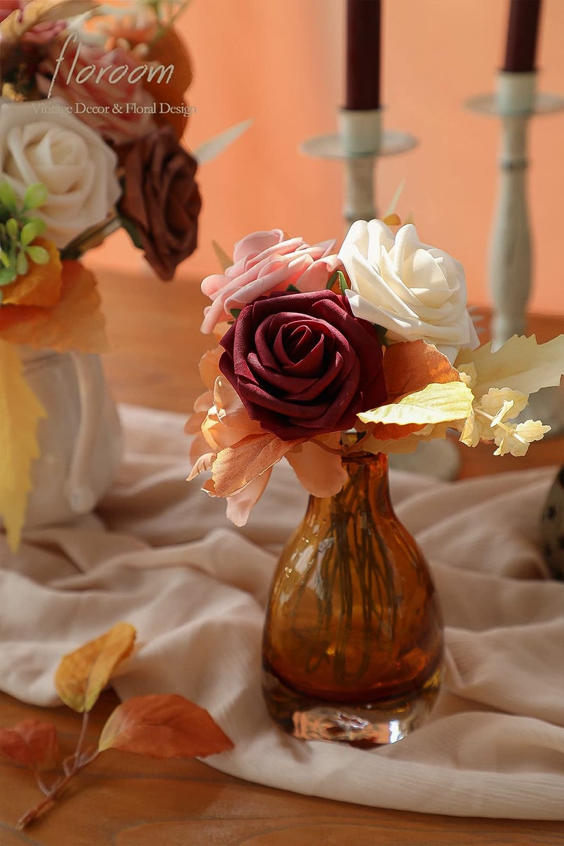 Floroom Artificial Flowers 25pcs Real Looking Burgundy Ombre Colors Foam Fake Roses with Stems for DIY Red Wedding Bouquets Bridal Shower Centerpieces Floral Arrangements Party Tables Home Decorations - Image 3