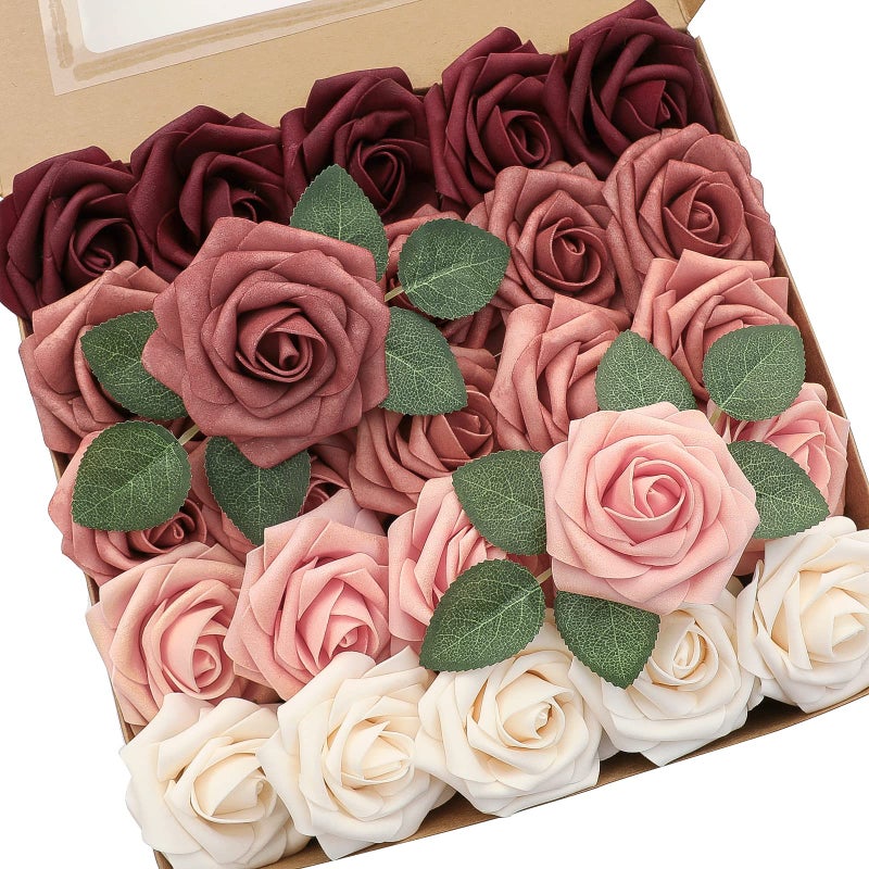 Floroom Artificial Flowers 25pcs Real Looking Burgundy Ombre Colors Foam Fake Roses with Stems for DIY Red Wedding Bouquets Bridal Shower Centerpieces Floral Arrangements Party Tables Home Decorations - Image 1