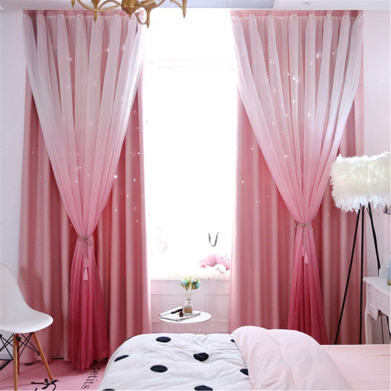 ABREEZE Star Curtains Ombre Blackout Curtains for Girls Bedroom Kids Room Decor Light Blocking Voile Overlay Princess Star Hollowed Curtain Mix and Match Window Curtains 1 Panel59 x 63 inchPink