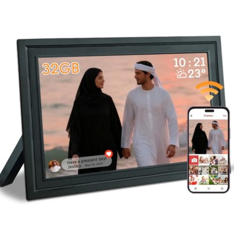 اطار صور رقمي واي فاي 10.1 انش من فراميو، اطار صور الكتروني بشاشة لمس 1280×800 HD IPS، ذاكرة 32GB، دوران تلقائي، عرض شرائح، قابل للتثبيت على الحائط، مشاركة الصور/الفيديو عن بعد في اي مكان اسود - Image 1