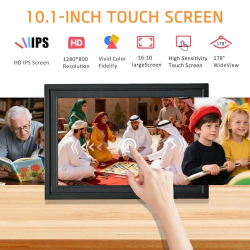 اطار صور رقمي واي فاي 10.1 انش من فراميو، اطار صور الكتروني بشاشة لمس 1280×800 HD IPS، ذاكرة 32GB، دوران تلقائي، عرض شرائح، قابل للتثبيت على الحائط، مشاركة الصور/الفيديو عن بعد في اي مكان اسود - Image 2