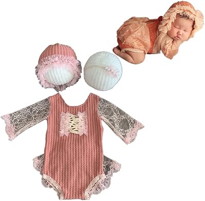 CUTEBBPHOTO CUTEBBPHOTO Newborn Baby Girl Photography Props Newborn Photoshoot Romper Outfits Bodysuit & Hat & Floral Headband (Red)  - Image 1