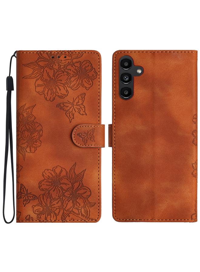 اس-توب جراب لهاتف Samsung Galaxy A55 5G، جراب هاتف من الجلد المنقوش بنقشة زهور الكرز والفراشة من مادة البولي يوريثان - Image 1