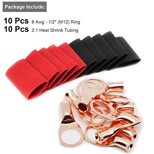 TKDMR 10pcs 8 AWG-1/2 Battery Lugs,Heavy Duty Wire Lugs,Ring Terminals,Battery Cable Ends,0 Guage terminals,Battery Terminal Connectors with 10pcs 3:1 Heat Shrink Tubing - Image 2