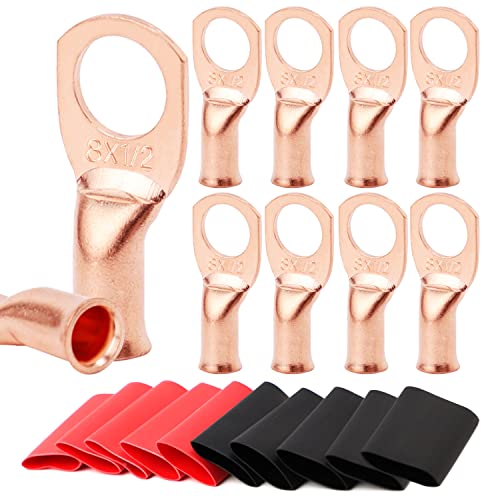 TKDMR 10pcs 8 AWG-1/2 Battery Lugs,Heavy Duty Wire Lugs,Ring Terminals,Battery Cable Ends,0 Guage terminals,Battery Terminal Connectors with 10pcs 3:1 Heat Shrink Tubing - Image 1