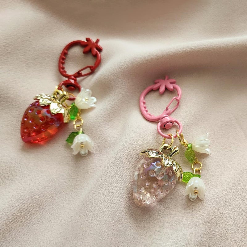 Agromusk Cute Strawberry Keychain,Bag Charms,Kawaii Flower Lily of The Valley Key chains Accessories Decor for Girls Purse Gift (Transparent red) - Image 5