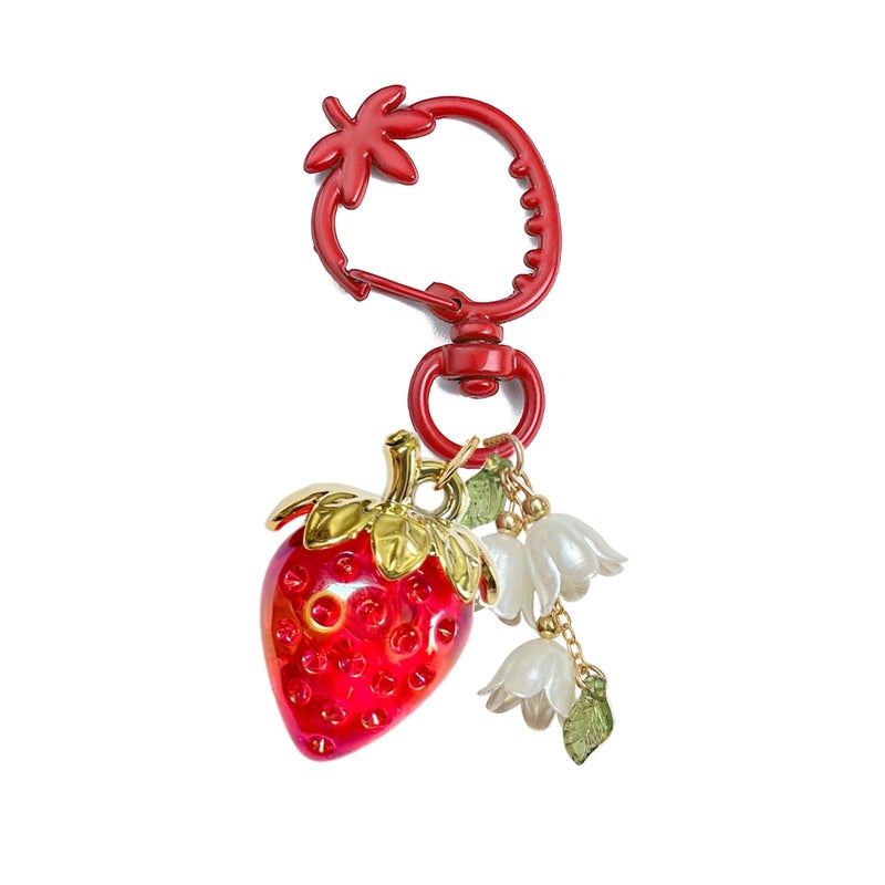 Agromusk Cute Strawberry Keychain,Bag Charms,Kawaii Flower Lily of The Valley Key chains Accessories Decor for Girls Purse Gift (Transparent red) - Image 1