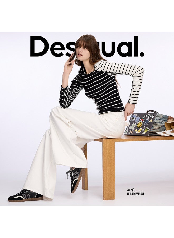 DESIGUAL ss25 New Arrival Striped Deconstructed Design Women's T-shirt With Metallic Logo & Color Blocking - Image 3