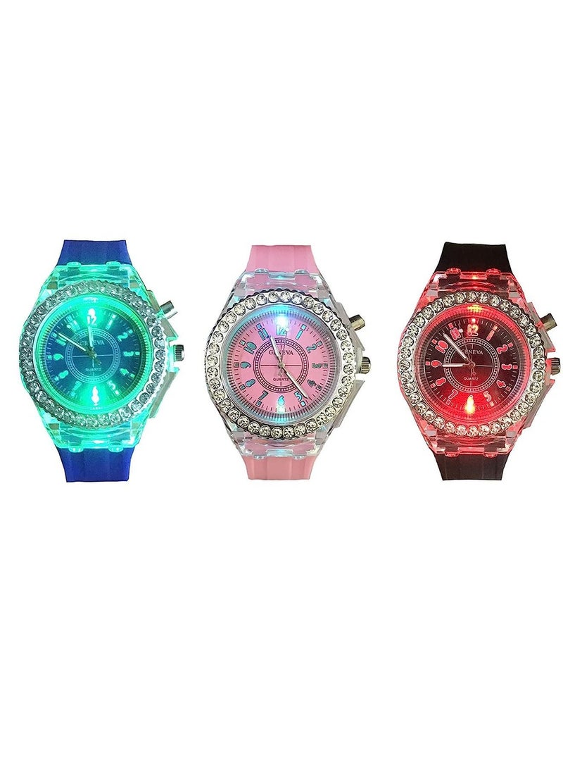 3 Pcs Silicone Bling Women Men Kids Watches Watch LED Luminous Colorful Lights Sport Waterproof Watches Girls Boys - Image 1
