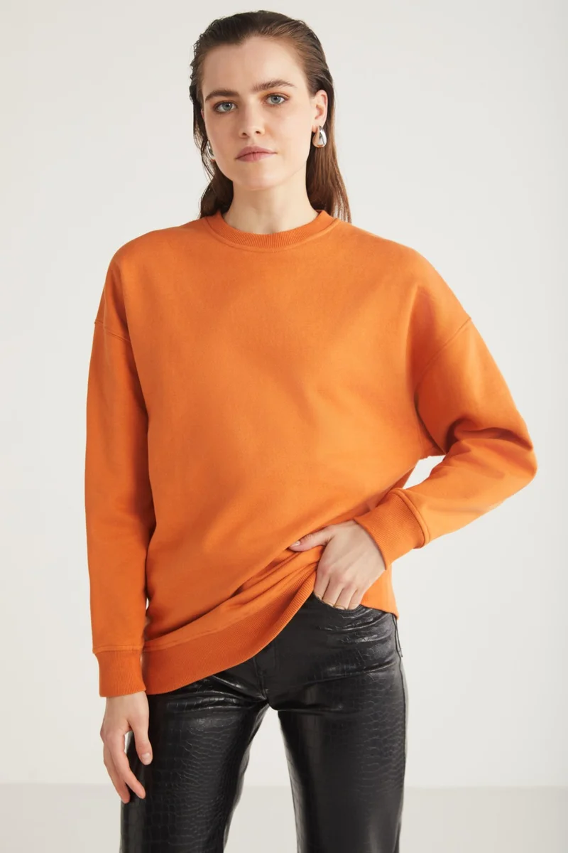 جريميلانج Allys Women's Crew Neck Oversize Basic Orange Sweatshirt