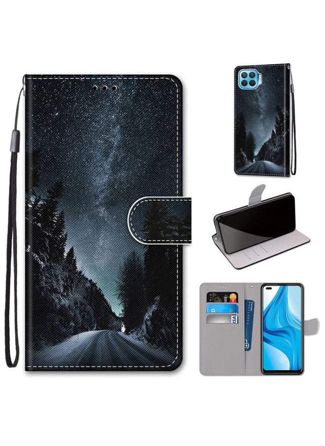 HuHa Case Cover For OPPO F17 Pro / A93 4G / Reno4 Lite / Reno4 F Coloured Drawing Cross Texture Horizontal Flip PU Leather Case with Holder & Card Slots & Wallet & Lanyard Mountain Road Starry Sky 