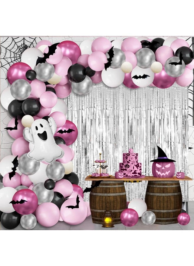 MEHOFOND Little Boo Halloween Party Decorations For Girls 200 Pcs, Pink And Silver Balloon Garland Arch Kit With Foil Curtain For Halloween Birthday Baby Shower Party Decor  - Image 1