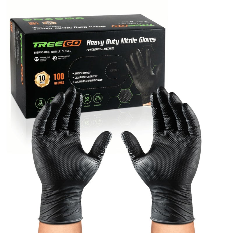 TREEGO 10 Mil Black Nitrile Gloves Heavy Duty â€” Raised Diamond Texture Grip, Latex Free Disposable Mechanic Work Gloves, Large, 100 Count - Image 1