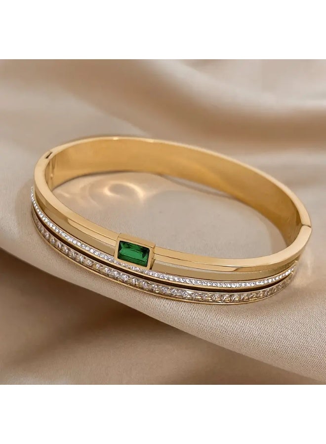 Goolsky Luxury Stainless Steel Cuff Bracelet Bangle – Gold Waterproof with Green White Rhinestones, Waterproof Non-Fading, Daily Wear/Formal Events, Middle Eastern Luxury Style - Image 5