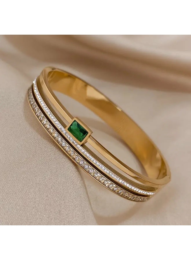 Goolsky Luxury Stainless Steel Cuff Bracelet Bangle – Gold Waterproof with Green White Rhinestones, Waterproof Non-Fading, Daily Wear/Formal Events, Middle Eastern Luxury Style - Image 2