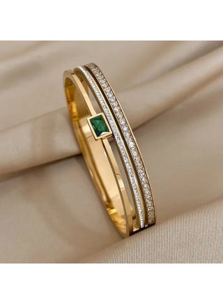 Luxury Stainless Steel Cuff Bracelet Bangle – Gold Waterproof with Green White Rhinestones, Waterproof Non-Fading, Daily Wear/Formal Events, Middle Eastern Luxury Style - pzsku/Z5530AC1528290F2A3A3AZ/45/1756811150/8649b070-dab9-42d4-91da-94818795f8b6