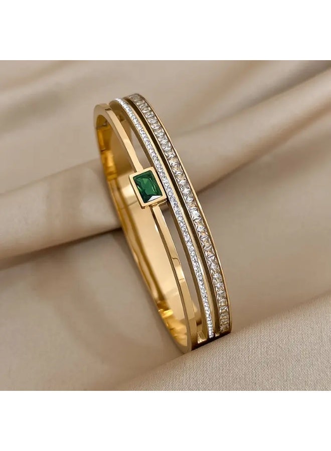 Goolsky Luxury Stainless Steel Cuff Bracelet Bangle – Gold Waterproof with Green White Rhinestones, Waterproof Non-Fading, Daily Wear/Formal Events, Middle Eastern Luxury Style - Image 1