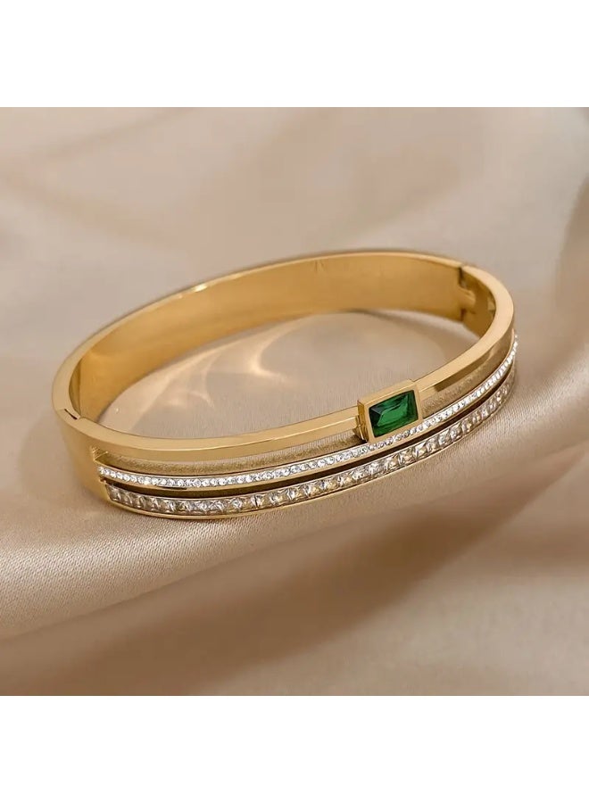 Goolsky Luxury Stainless Steel Cuff Bracelet Bangle – Gold Waterproof with Green White Rhinestones, Waterproof Non-Fading, Daily Wear/Formal Events, Middle Eastern Luxury Style - Image 3