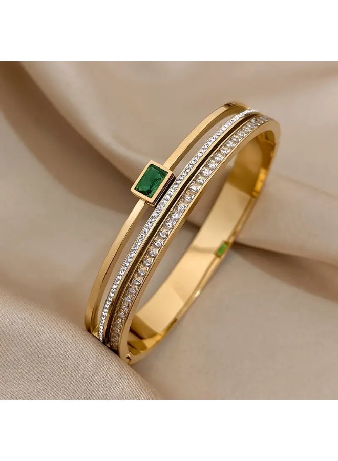 Luxury Stainless Steel Cuff Bracelet Bangle – Gold Waterproof with Green White Rhinestones, Waterproof Non-Fading, Daily Wear/Formal Events, Middle Eastern Luxury Style