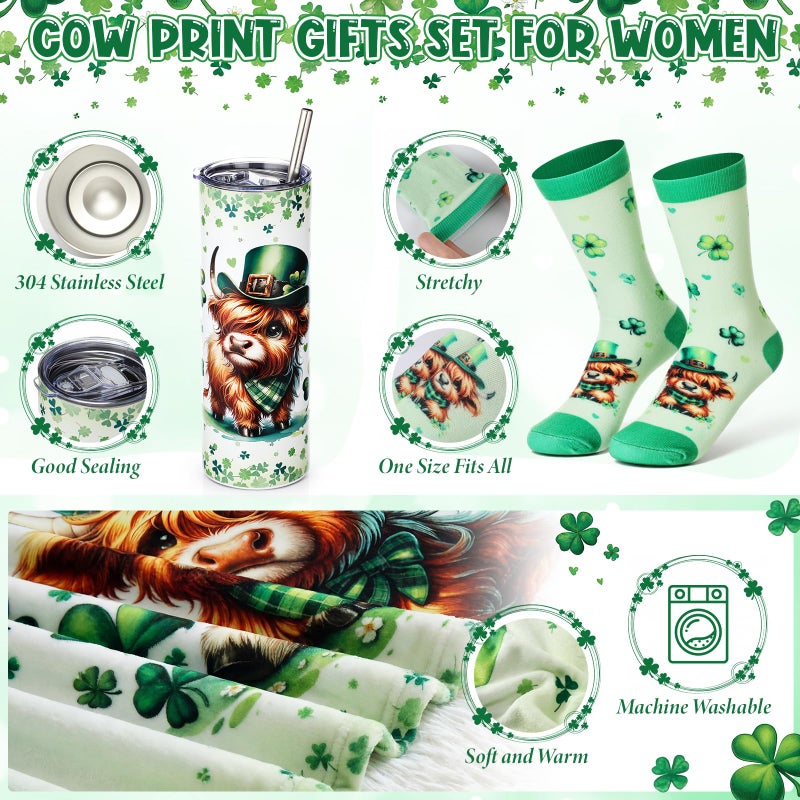 FoldTier 8 Pcs St. Patrick's Day Highland Cow Gifts for Women Irish Highland Cow Stuff with 20oz Tumbler Blanket Canvas Tote Bag Makeup Bag Socks Keychain Hair Claw Gift for Coworker Friend Lover - Image 3