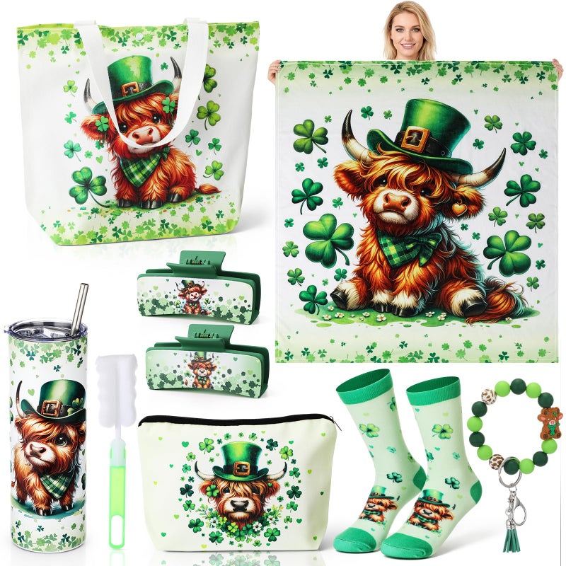 FoldTier 8 Pcs St. Patrick's Day Highland Cow Gifts for Women Irish Highland Cow Stuff with 20oz Tumbler Blanket Canvas Tote Bag Makeup Bag Socks Keychain Hair Claw Gift for Coworker Friend Lover - Image 1