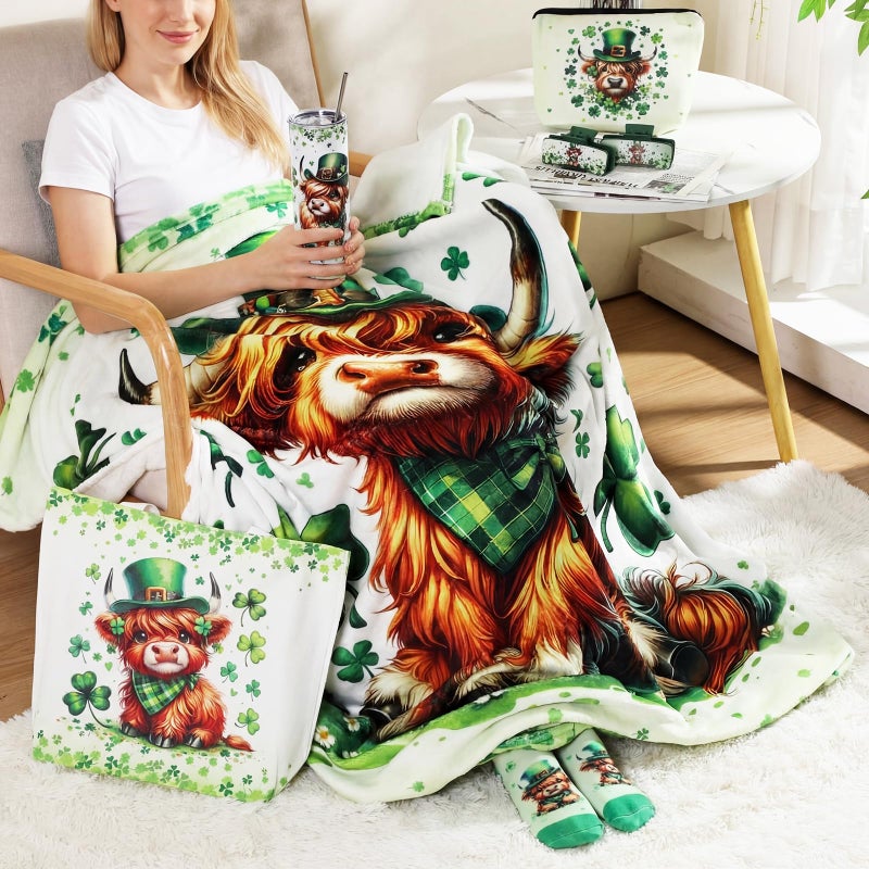 FoldTier 8 Pcs St. Patrick's Day Highland Cow Gifts for Women Irish Highland Cow Stuff with 20oz Tumbler Blanket Canvas Tote Bag Makeup Bag Socks Keychain Hair Claw Gift for Coworker Friend Lover - Image 5