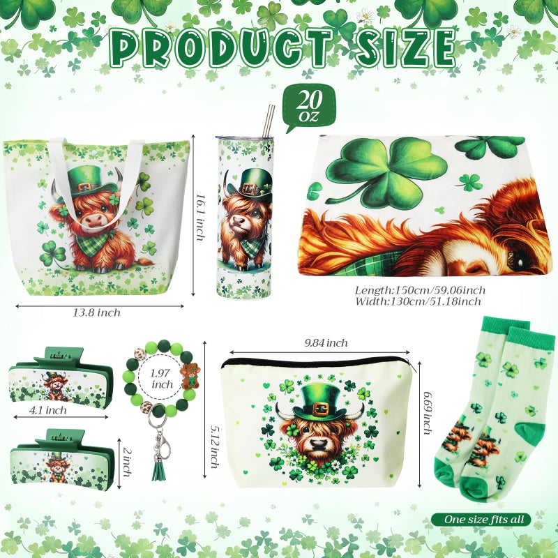 FoldTier 8 Pcs St. Patrick's Day Highland Cow Gifts for Women Irish Highland Cow Stuff with 20oz Tumbler Blanket Canvas Tote Bag Makeup Bag Socks Keychain Hair Claw Gift for Coworker Friend Lover - Image 2