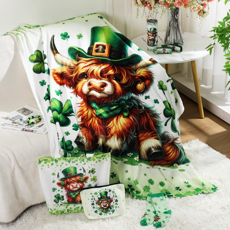FoldTier 8 Pcs St. Patrick's Day Highland Cow Gifts for Women Irish Highland Cow Stuff with 20oz Tumbler Blanket Canvas Tote Bag Makeup Bag Socks Keychain Hair Claw Gift for Coworker Friend Lover - Image 4