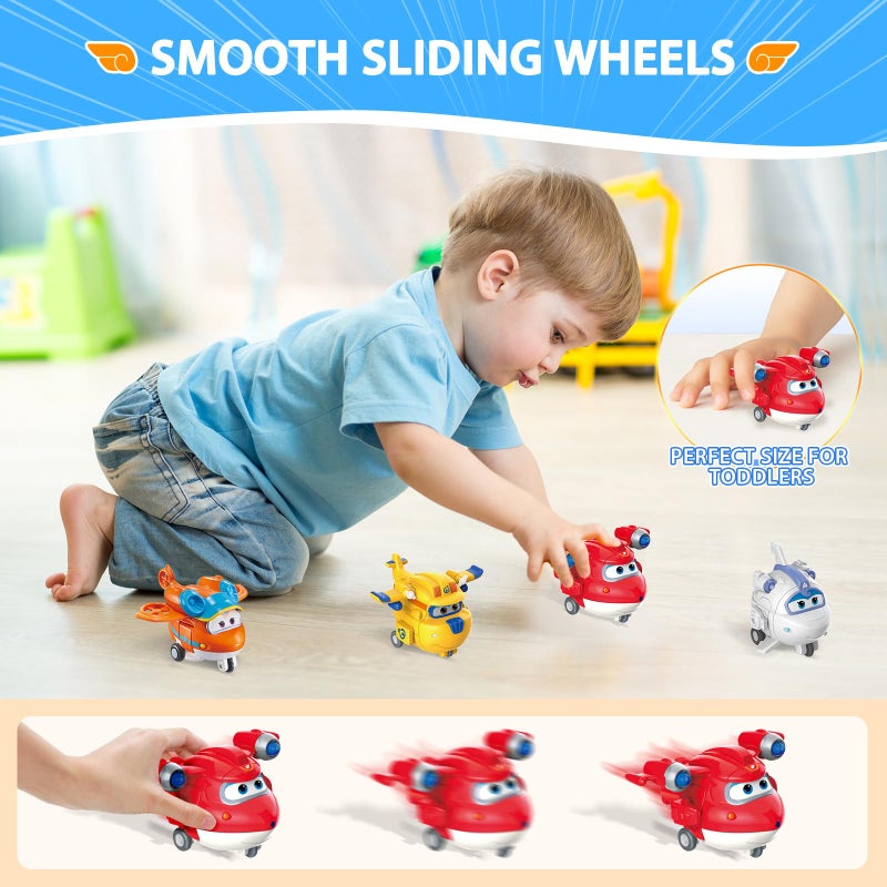 Super Wings 2" Transform-a-Bots 4-Pack, Supercharged Jett, Donnie, Astra, Sunny, Airplane Toys Vehicle Mini Figures, Fun Toys for Kids, Transformable Toy for 3 4 5 Year Old Boys and Girls - Image 4