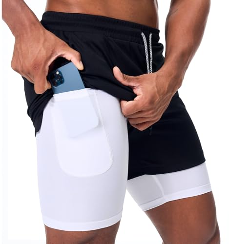 Surenow Men's Running Shorts Quick Dry Workout Gym Shorts Athletic 2-in-1 Stealth Shorts Outdoor Short for Men with Pockets Black - Image 1