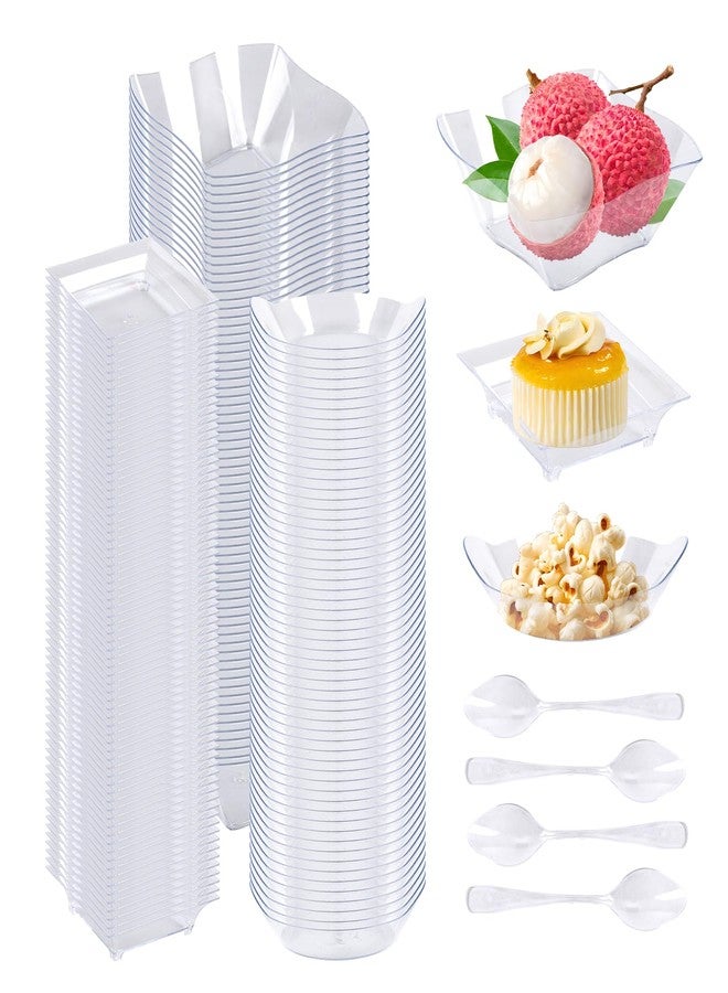 BUWUSMU 600 Pcs Mini Plastic Dessert Plates Sets, Including 300 pcs 3 Shapes Appetizer Plates Dessert Bowls, 150 Pcs Spoons and 150 Pcs Forks for Desserts Fruit Wedding Party - Image 1