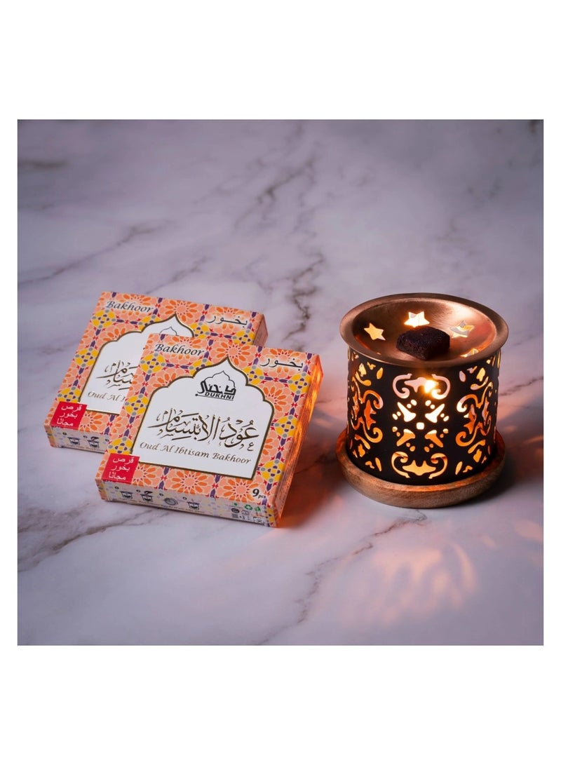 DUKHNI Oud Al Ibtisam Bakhoor Set  | 2 x 9 Piece each & Taj Bakhoor Burner | Arabic Bakhoor Incense | Warm Floral Oud Blend | Perfect for Prayer Time | To Relax & Meditate - Image 1