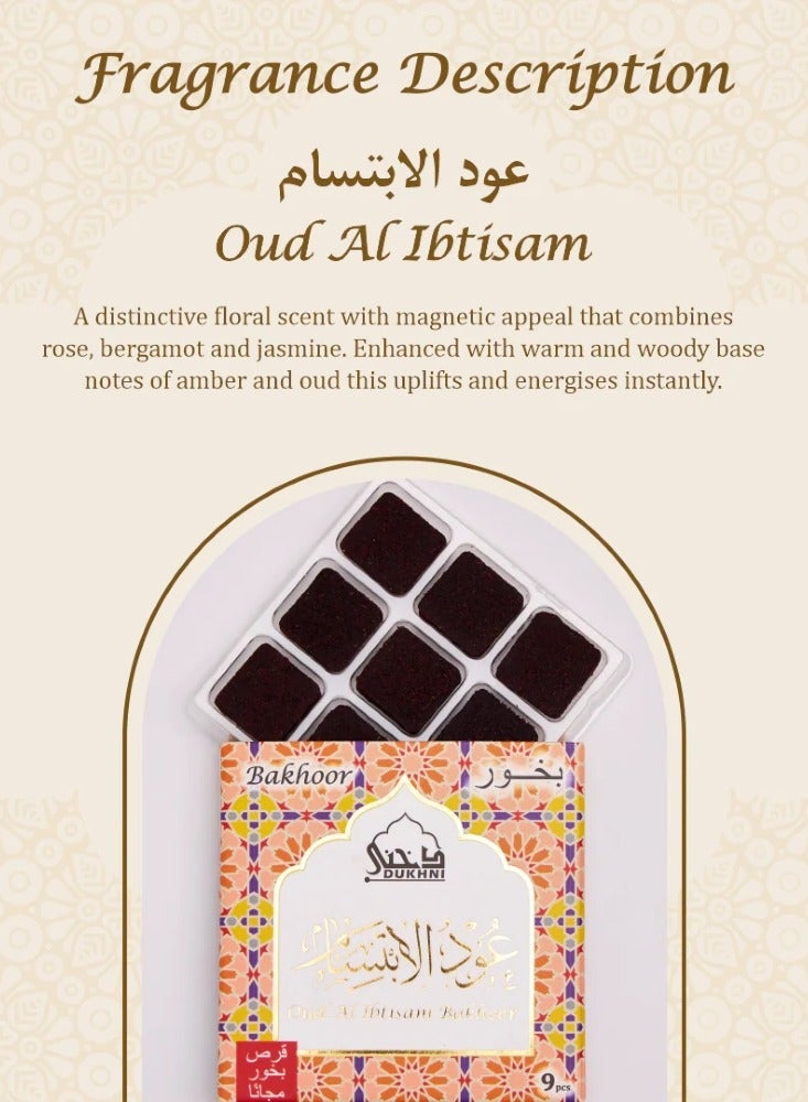 DUKHNI Oud Al Ibtisam Bakhoor Set  | 2 x 9 Piece each & Taj Bakhoor Burner | Arabic Bakhoor Incense | Warm Floral Oud Blend | Perfect for Prayer Time | To Relax & Meditate - Image 3