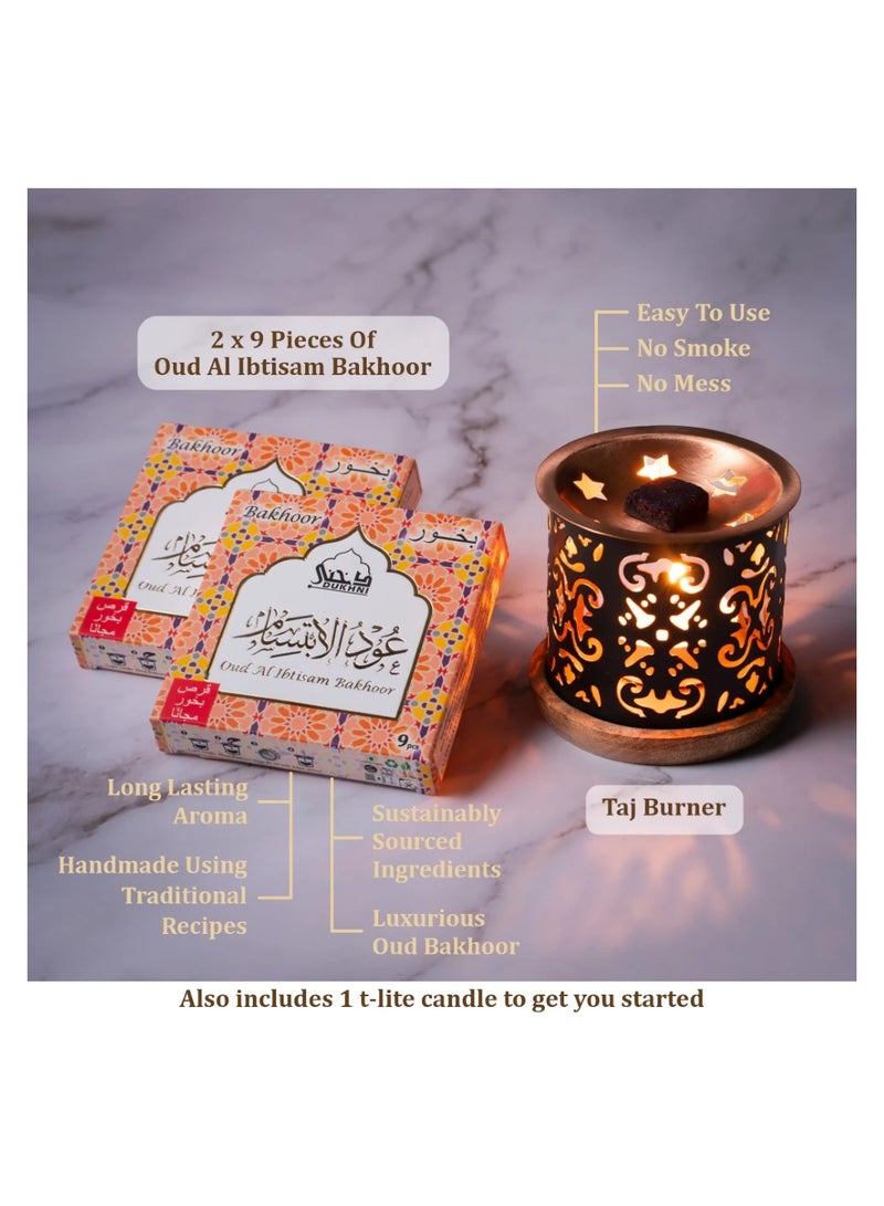 DUKHNI Oud Al Ibtisam Bakhoor Set  | 2 x 9 Piece each & Taj Bakhoor Burner | Arabic Bakhoor Incense | Warm Floral Oud Blend | Perfect for Prayer Time | To Relax & Meditate - Image 2