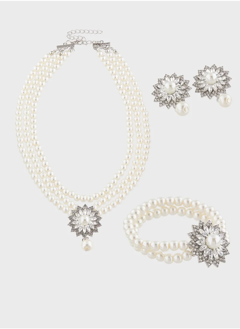 Khizana Pearl Diamante Necklace & Earrings & Bracelet Set