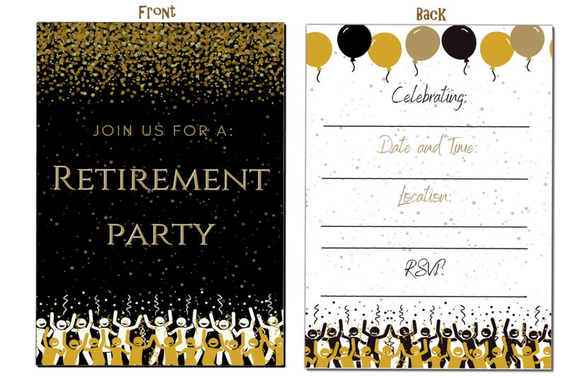 Elcer Retirement Party invitations | Retired Invites cards | 20 Count With Envelopes Black & Gold | Join us Your are Invited Fill In Style | Happy Retirement Celebration - Image 3