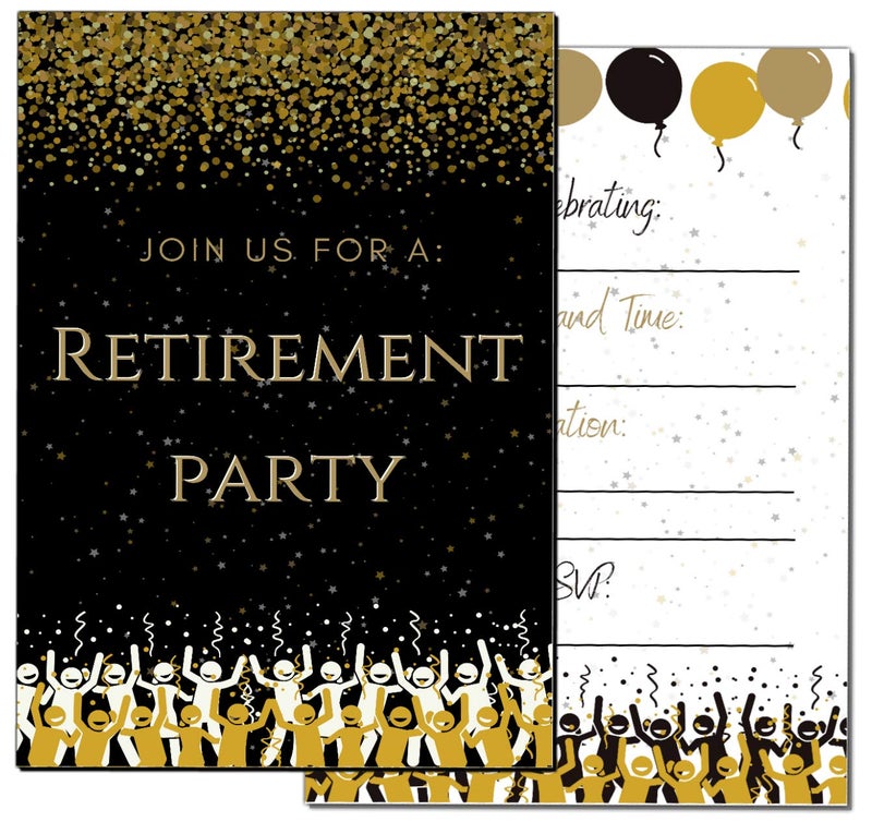 Elcer Retirement Party invitations | Retired Invites cards | 20 Count With Envelopes Black & Gold | Join us Your are Invited Fill In Style | Happy Retirement Celebration - Image 2