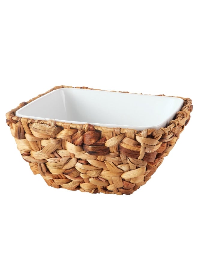 Bien Servi 2-Piece Ceramic Square Serving Bowl with Rattan Basket White and Brown 29.1 x 14.3 x 28.8 cm HB2065-PL