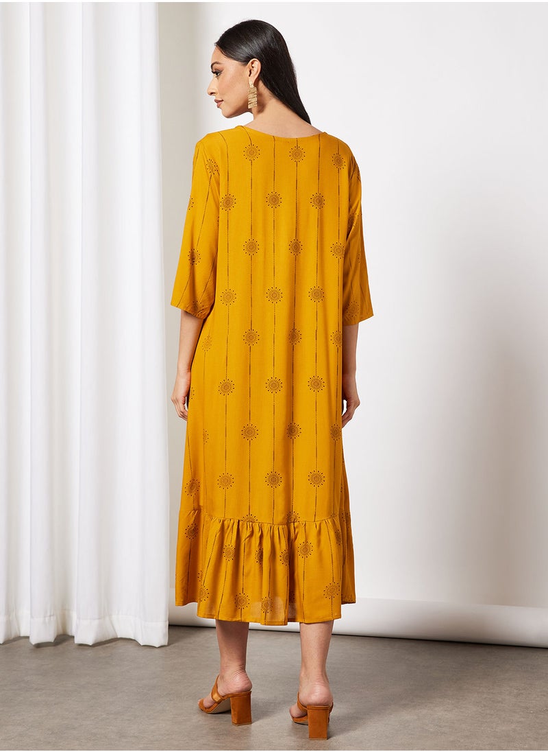 HANA & SARA - Casual Cotton Printed Round Neck All Over Jalabiya With Facemask For Women - Image 1