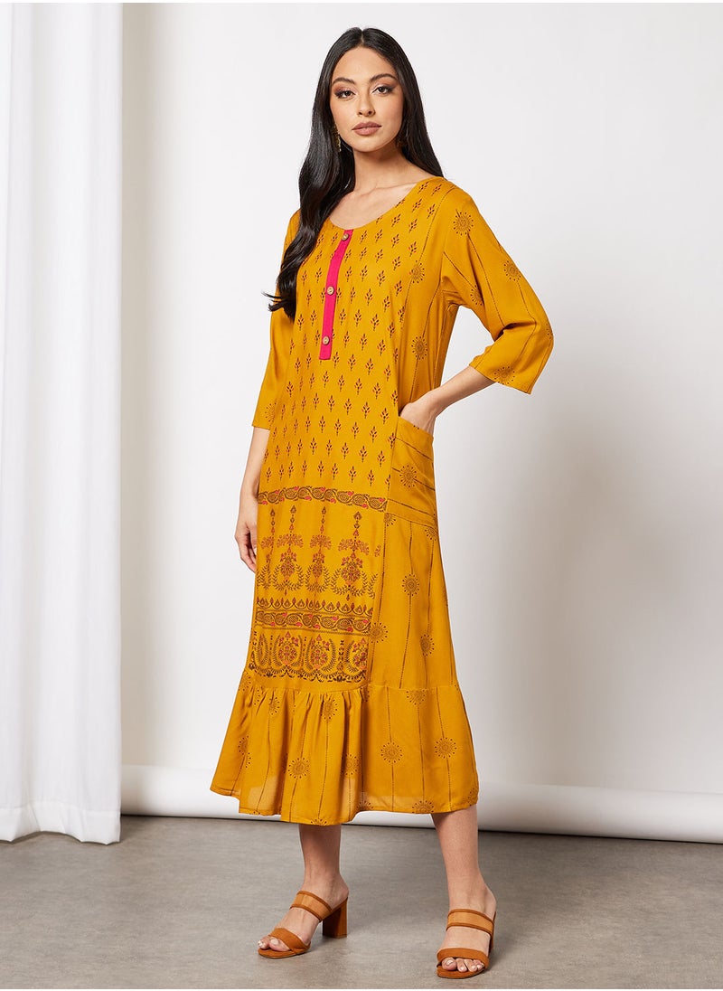 HANA & SARA - Casual Cotton Printed Round Neck All Over Jalabiya With Facemask For Women - Image 1