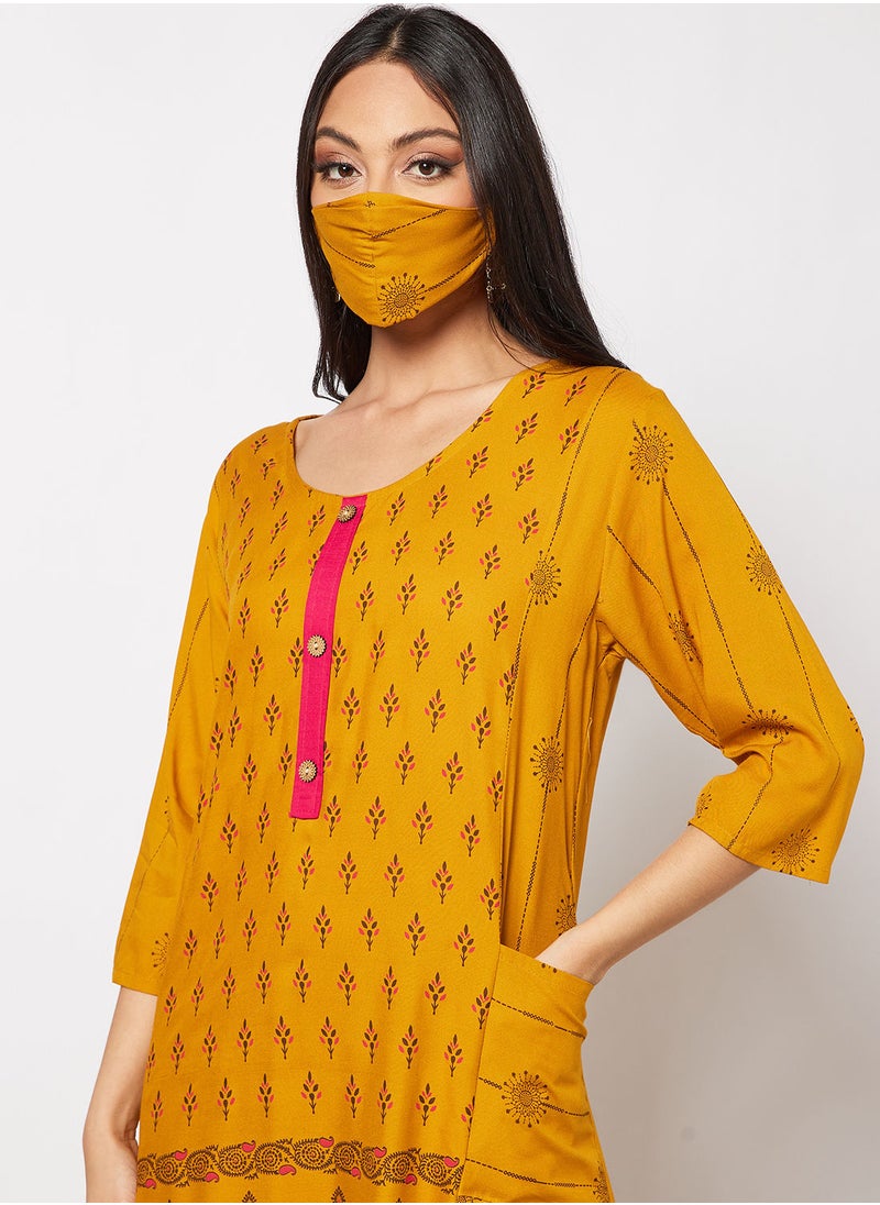 HANA & SARA - Casual Cotton Printed Round Neck All Over Jalabiya With Facemask For Women - Image 1