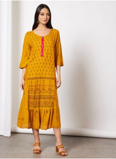 Casual Cotton Printed Round Neck All Over Jalabiya With Facemask For Women