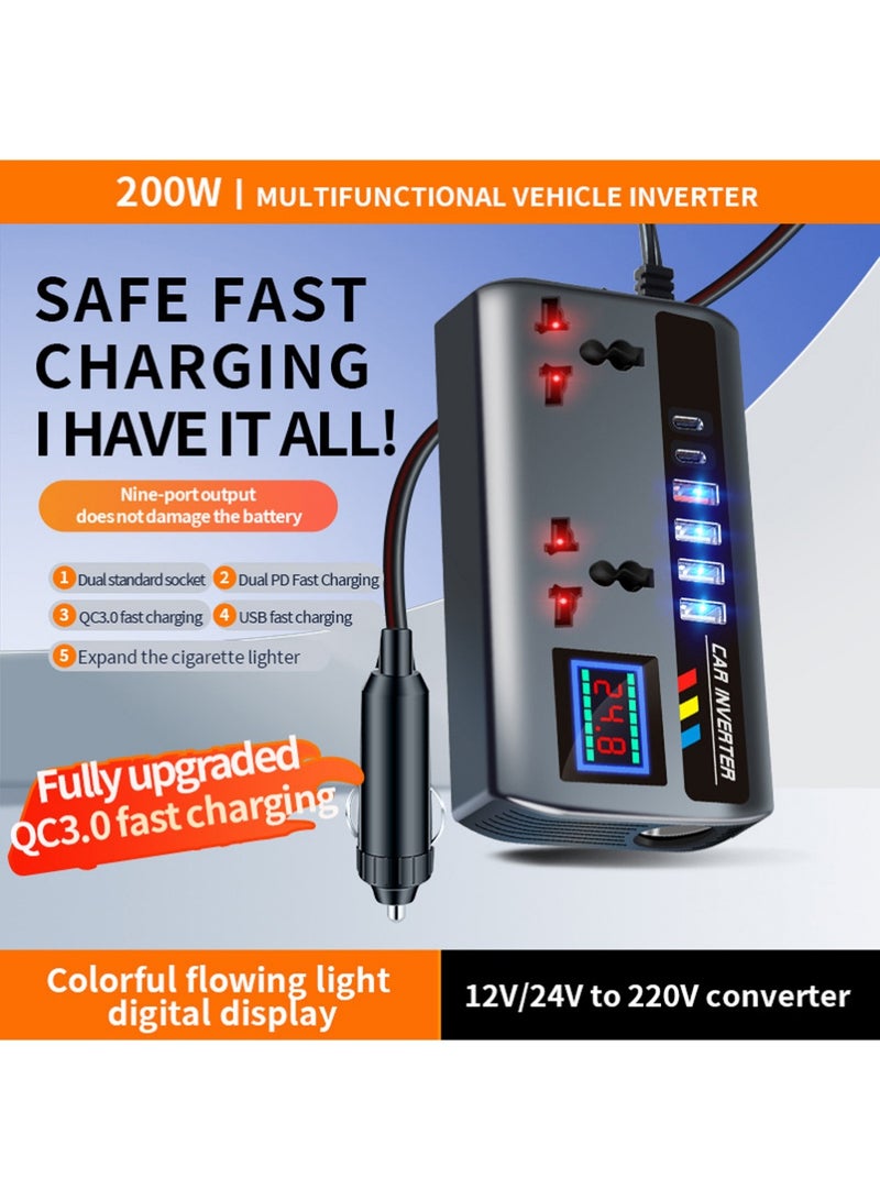 200W Car Power Inverter, Car Electric Outlet Adapter, DC 12/24V to 220V AC , Car Plug Converter with 4 USB Ports and 2 Type-C Ports, Built-in Switch and LCD Current Display, Compatible with Cars and Trucks - view 2