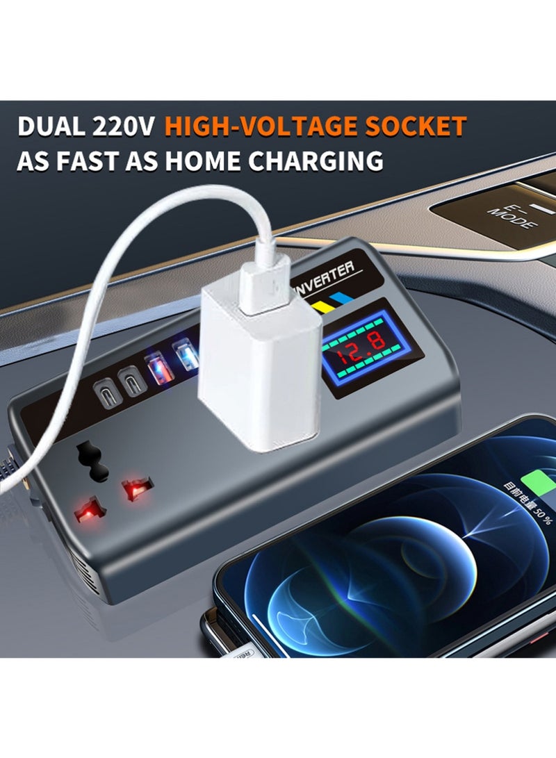 200W Car Power Inverter, Car Electric Outlet Adapter, DC 12/24V to 220V AC , Car Plug Converter with 4 USB Ports and 2 Type-C Ports, Built-in Switch and LCD Current Display, Compatible with Cars and Trucks - view 3