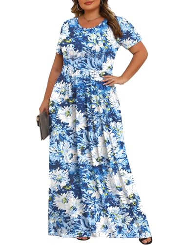 Tencede Womens Plus Size Maxi Dresses Summer 2026 Casual Short Sleeve with Pockets Long Dress White Chrysanthemum 4X - Image 2
