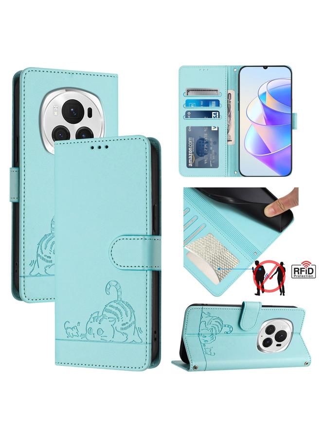 اس-توب جراب هاتف من الجلد بتقنية RFID بنقشة قطة وفأر عالمية لهاتف Honor Magic6 Pro 5G مع حبل تعليق - Image 1