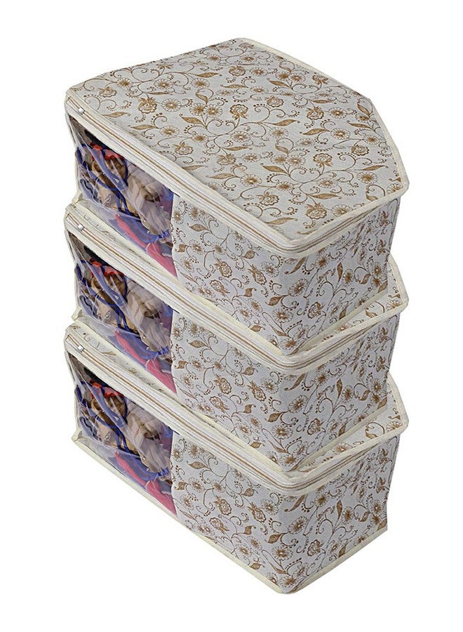 Kuber Industries Non-Woven Metalic Print Blouse Cover Bags With Zip|Wardrobe Organizer For Clothes|Washable Small Cloth Bag|Black Piping With Transparent Window|Pack Of 3 (Brown & Cream) - Image 1