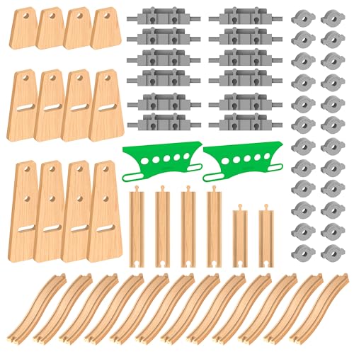 Orbrium Wooden Train Tracks Accessories Build Play Construction Set 68PCS Modular Railway STEM Toys Track Expansion Pack 2 with Parallel Tracks Adjustable Columns Elevated Station Compatible Thomas Brio - Image 1
